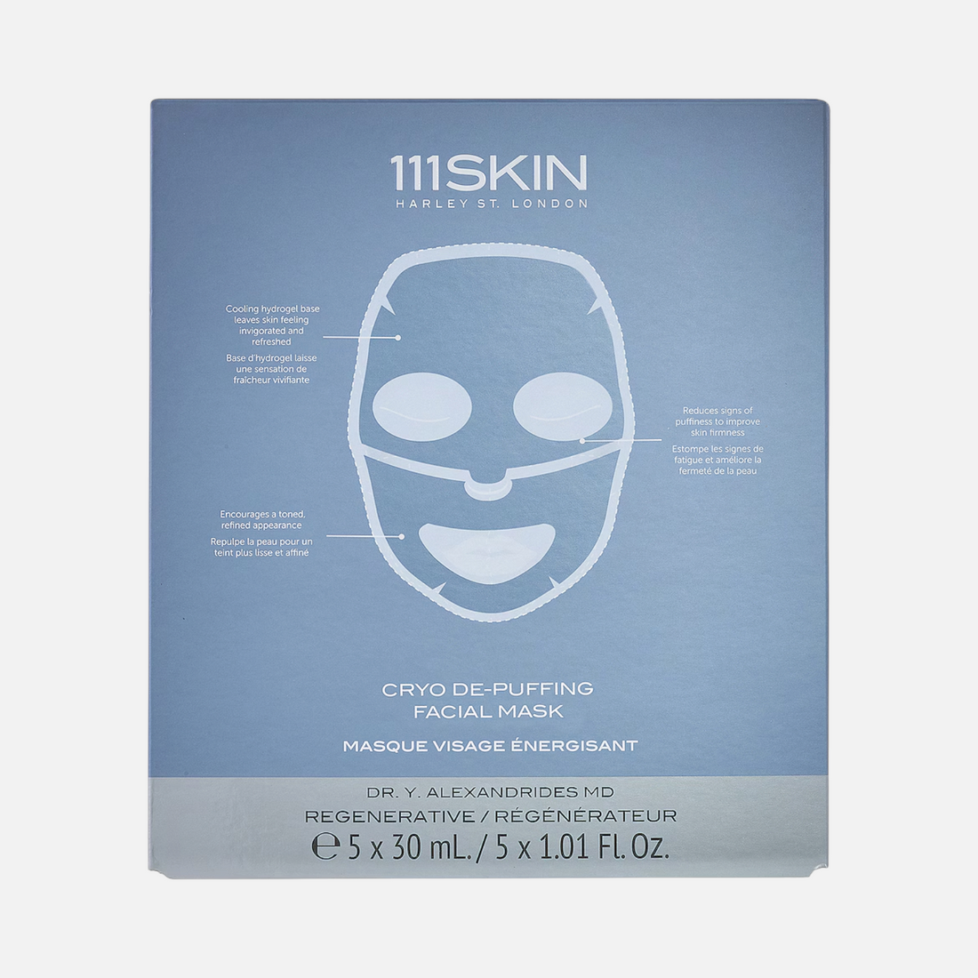 Shop Rescue Spa 111SKIN Cryo De-Puffing Facial Mask box containing five cooling hydrogel sheet masks for skin firming