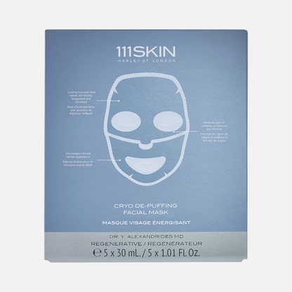 Shop Rescue Spa 111SKIN Cryo De-Puffing Facial Mask box containing five cooling hydrogel sheet masks for skin firming