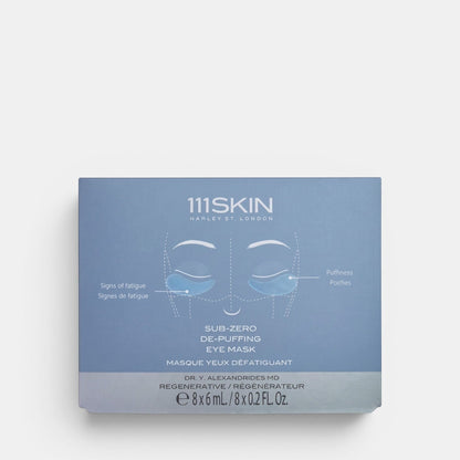 Shop Rescue Spa 111SKIN Sub-Zero De-Puffing Eye Mask box featuring blue hydrogel patches for dark circles and puffiness