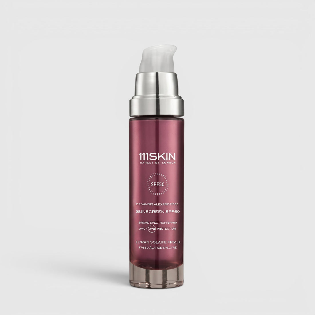 Shop Rescue Spa 111SKIN SPF50 broad-spectrum sunscreen in a sleek, dark purple pump bottle for daily UV protection.