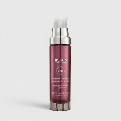 Shop Rescue Spa 111SKIN SPF50 broad-spectrum sunscreen in a sleek, dark purple pump bottle for daily UV protection.