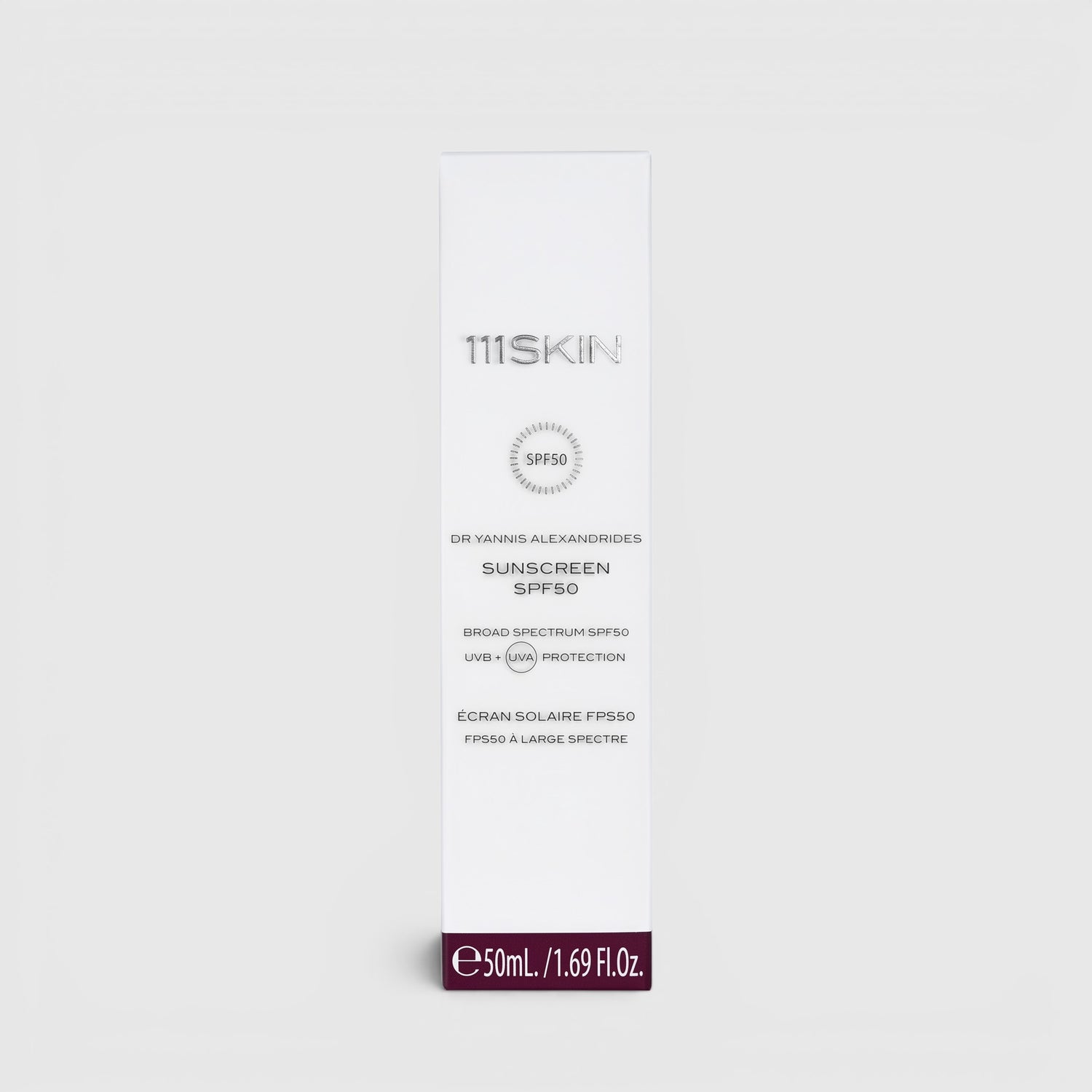 Shop Rescue Spa 111SKIN SPF50 broad-spectrum sunscreen in a white 50ml box for daily UVA and UVB protection.