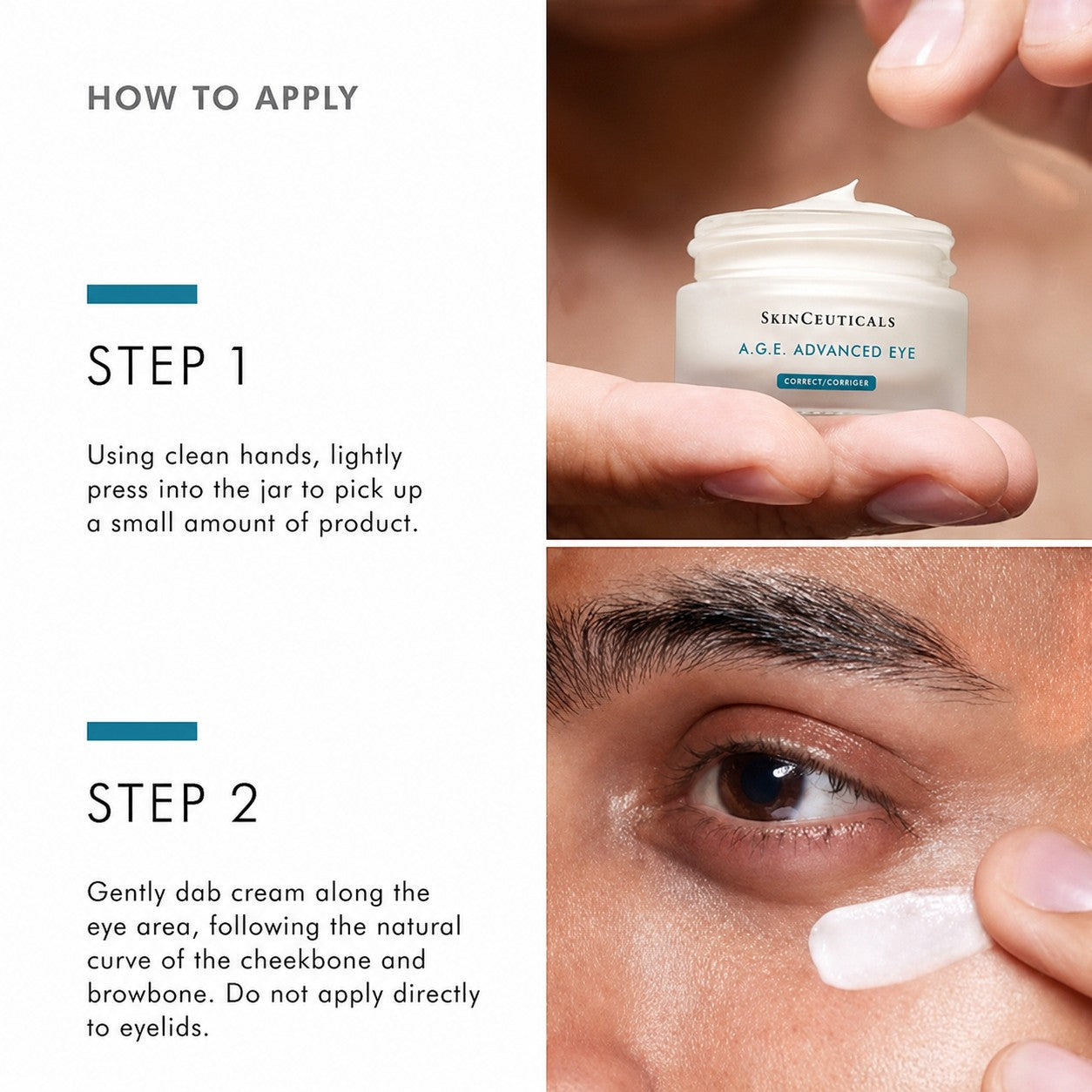 Shop Rescue Spa SkinCeuticals A.G.E. Advanced Eye cream application steps showing jar and eye area application