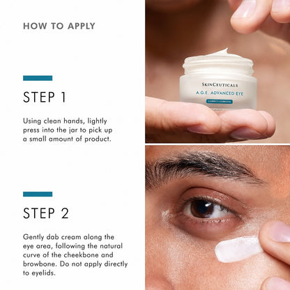 Shop Rescue Spa SkinCeuticals A.G.E. Advanced Eye cream application steps showing jar and eye area application