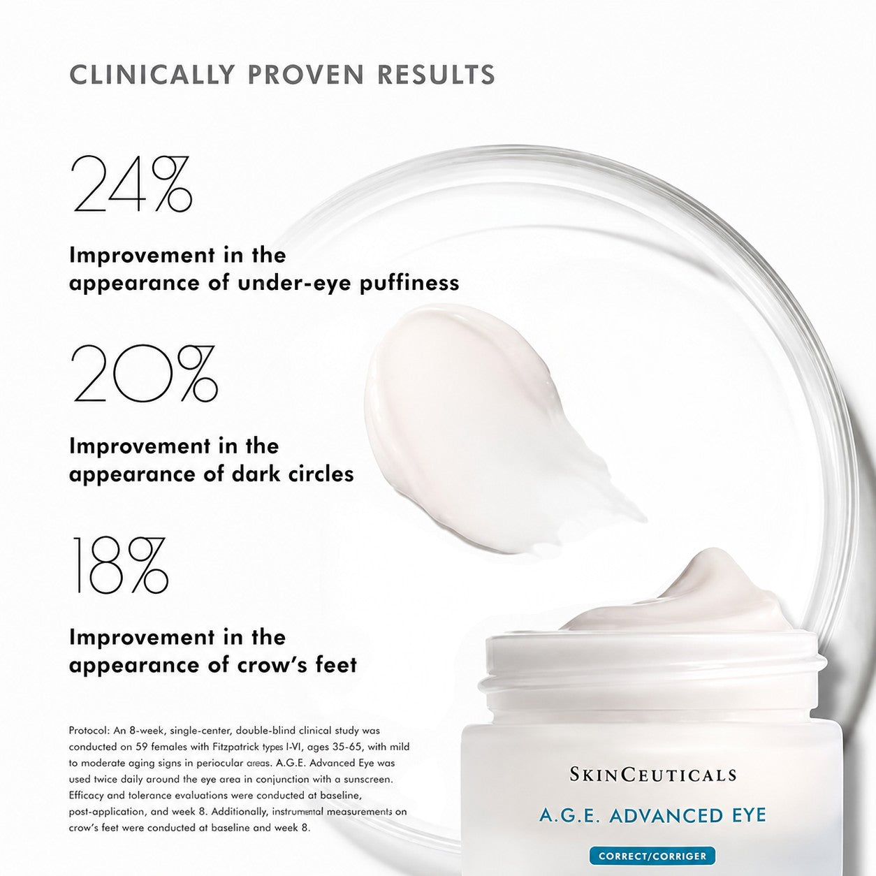 Shop Rescue Spa SkinCeuticals A.G.E. Advanced Eye cream jar with product texture swatch and clinical results text