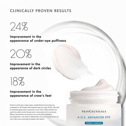 Shop Rescue Spa SkinCeuticals A.G.E. Advanced Eye cream jar with product texture swatch and clinical results text