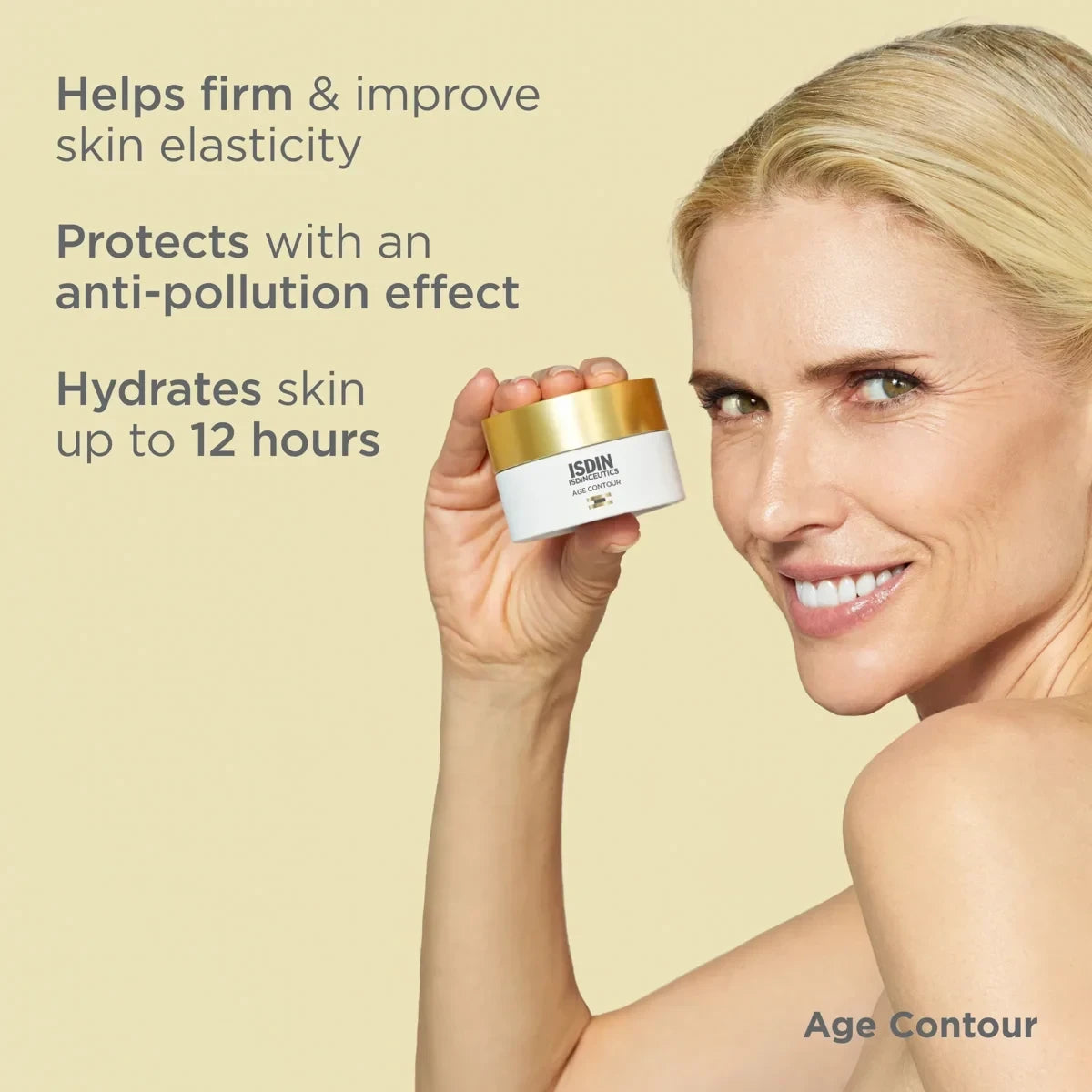 Shop Rescue Spa Age Contour cream held by a smiling woman, highlighting firming and hydrating skincare benefits.