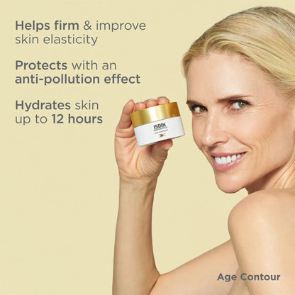 Shop Rescue Spa Age Contour cream held by a smiling woman, highlighting firming and hydrating skincare benefits.