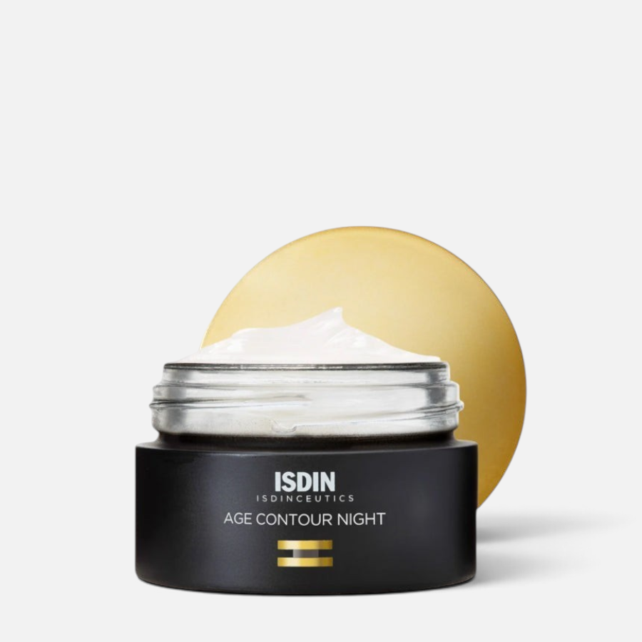 Shop Rescue Spa ISDIN Age Contour Night cream in a black jar with a gold lid, featuring a rich white face cream.