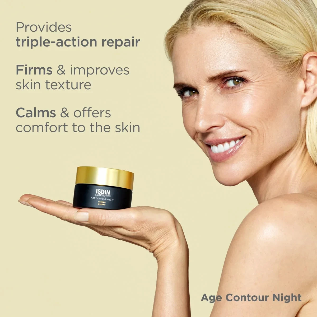 Shop Rescue Spa Age Contour Night cream held by a smiling woman, highlighting triple-action skin repair benefits.