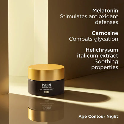 Shop Rescue Spa ISDINCEUTICS Age Contour Night cream jar with gold lid on a reflective surface against a gold background
