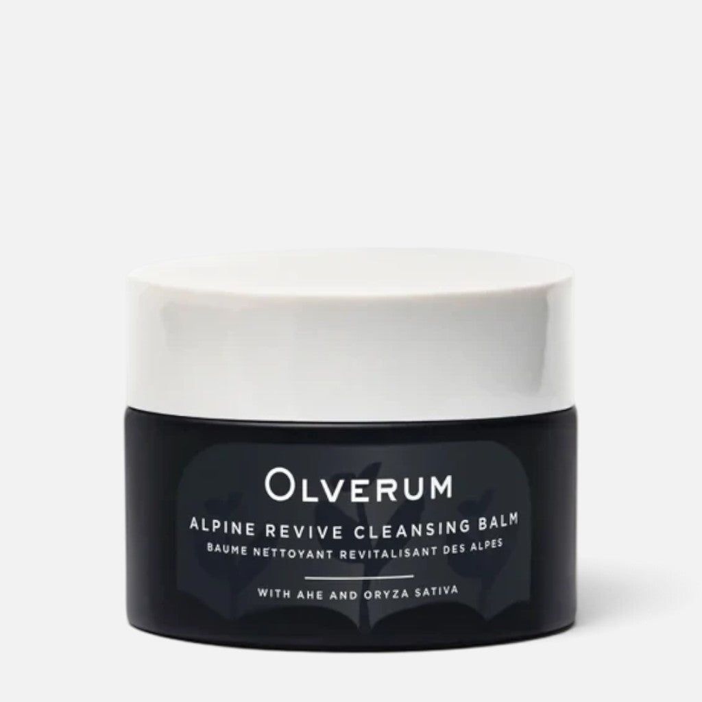 Shop Rescue Spa Olverum Alpine Revive Cleansing Balm in a black jar with a white lid for deep skin purification.