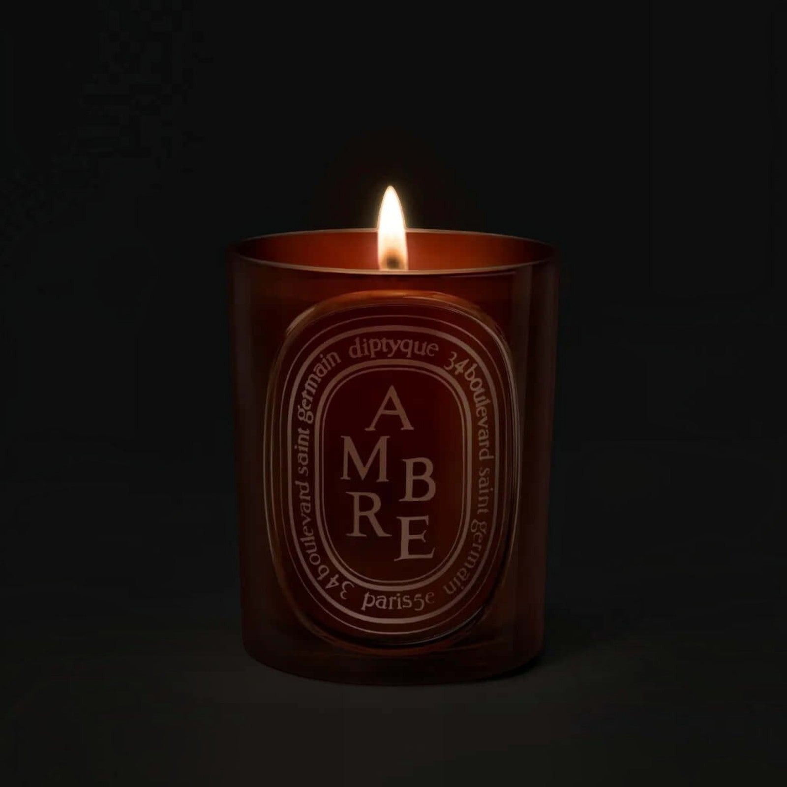 Shop Rescue Spa Diptyque Ambre scented candle in a dark glass vessel with a glowing flame against a black background