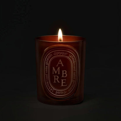 Shop Rescue Spa Diptyque Ambre scented candle in a dark glass vessel with a glowing flame against a black background