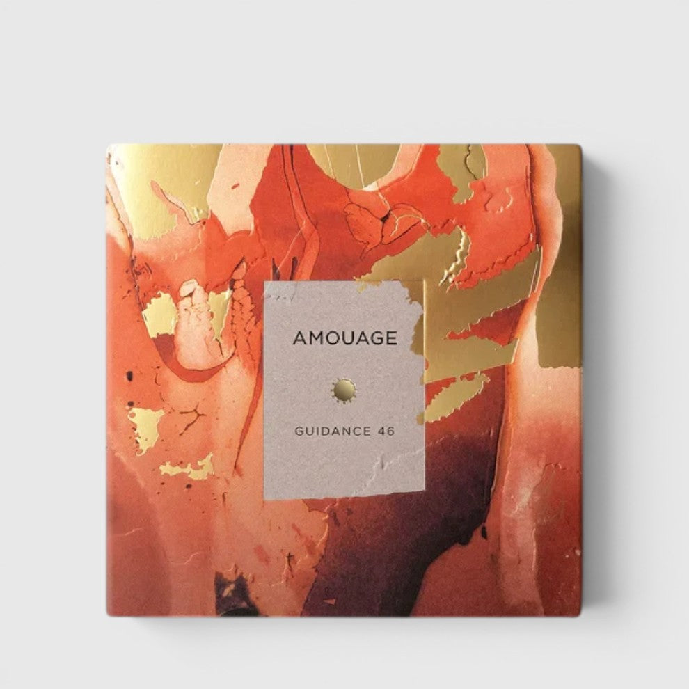 Shop Rescue Spa Amouage Guidance 46 Exceptional Extrait perfume box with abstract red and gold artistic design