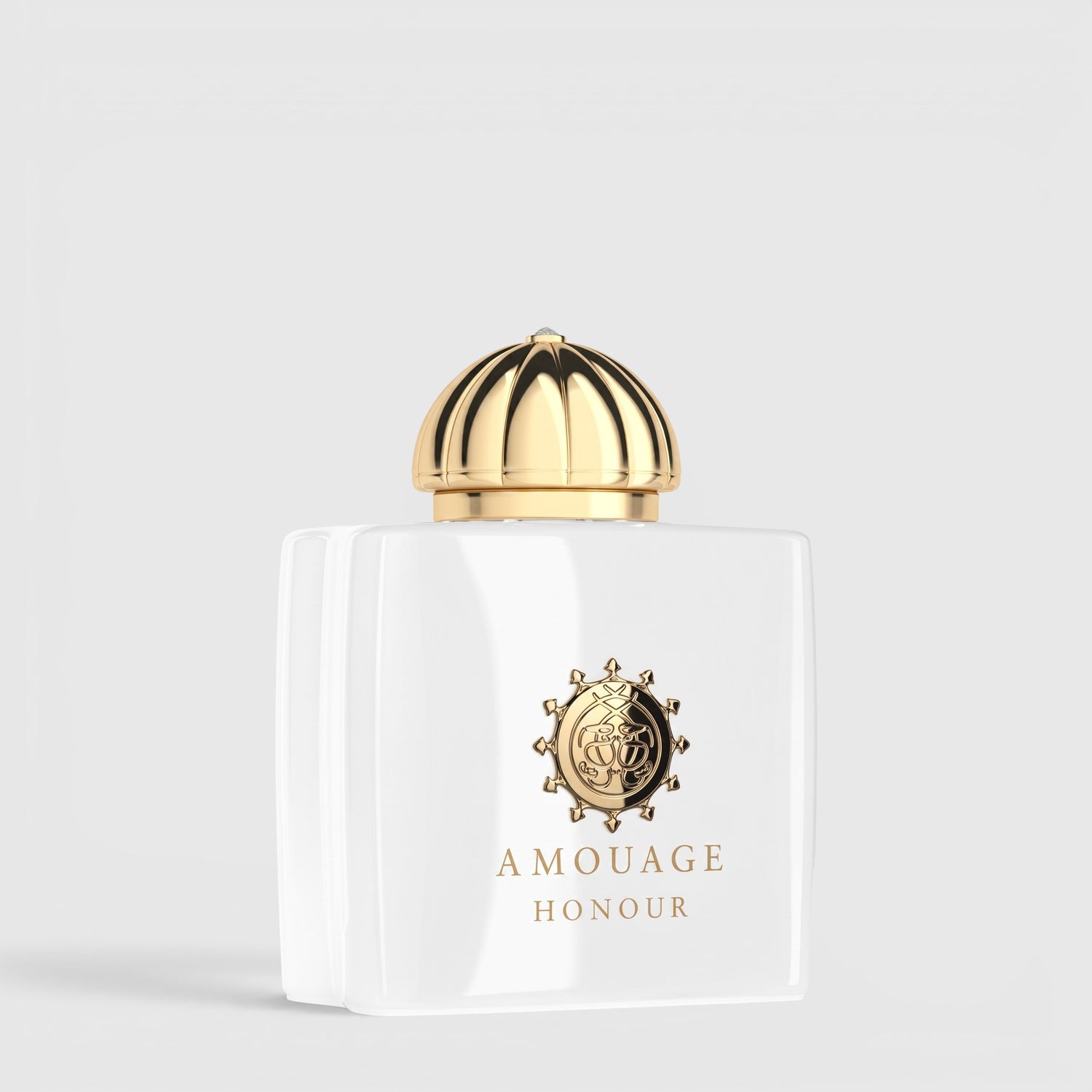 Shop Rescue Spa Amouage Honour Eau De Parfum in a white glass bottle with a gold dome cap and emblem.