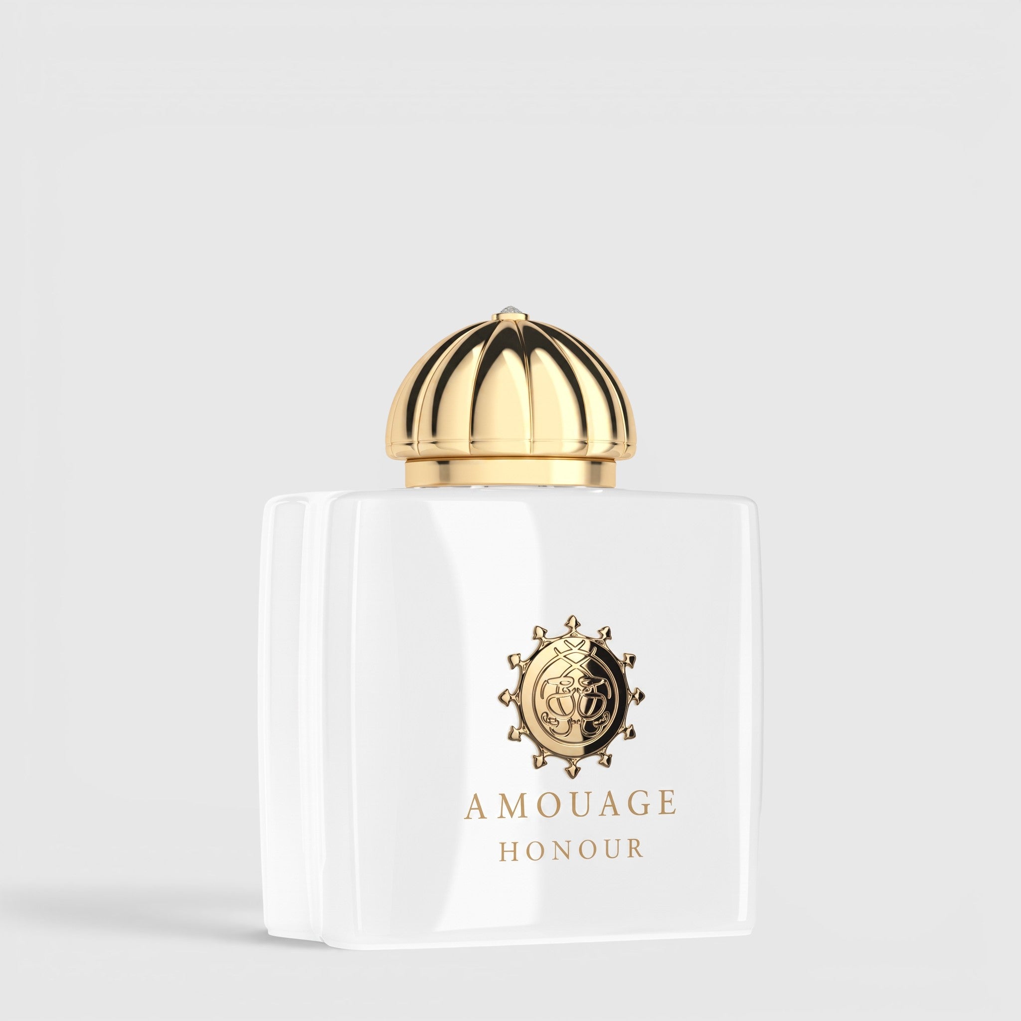 Shop Rescue Spa Amouage Honour Eau De Parfum in a white glass bottle with a gold dome cap and emblem.