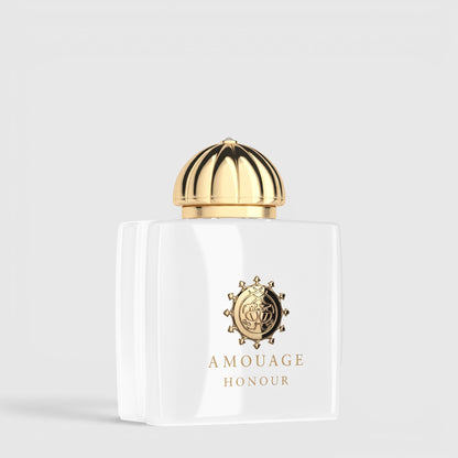 Shop Rescue Spa Amouage Honour Eau De Parfum in a white glass bottle with a gold dome cap and emblem.