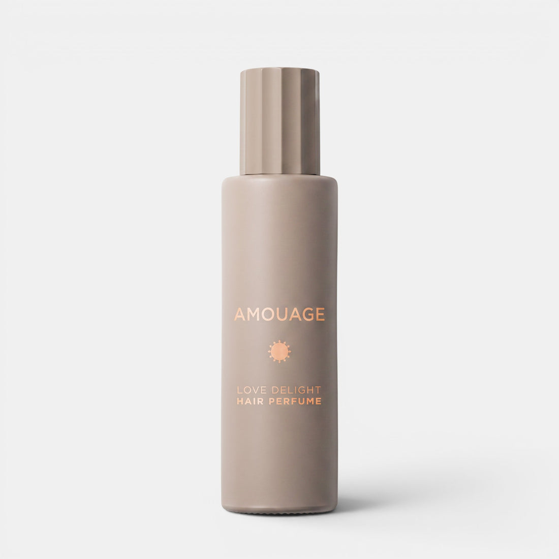 Shop Rescue Spa Amouage Love Delight hair perfume in a matte taupe bottle with a ribbed cap on a white background