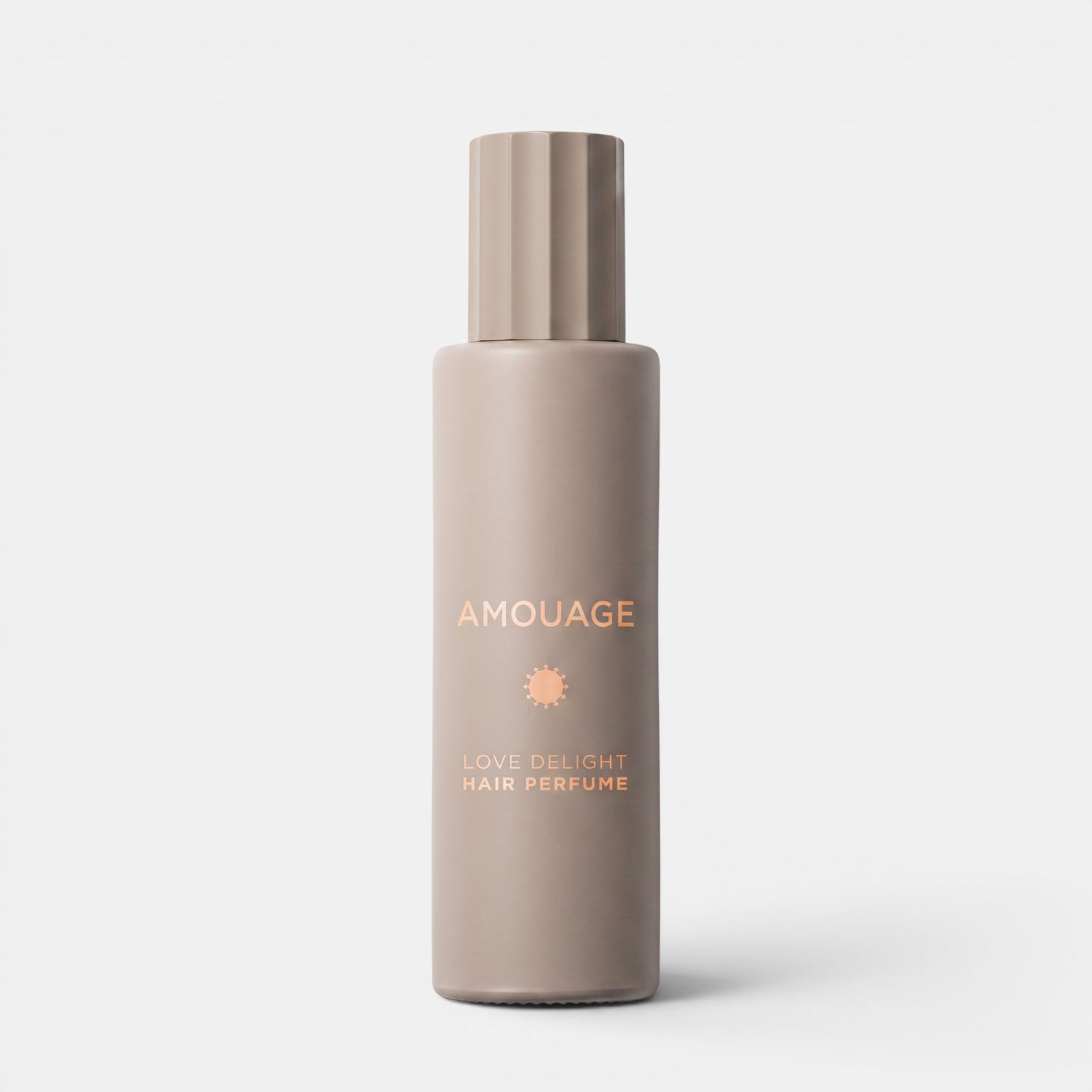 Shop Rescue Spa Amouage Love Delight hair perfume in a matte taupe bottle with a ribbed cap on a white background