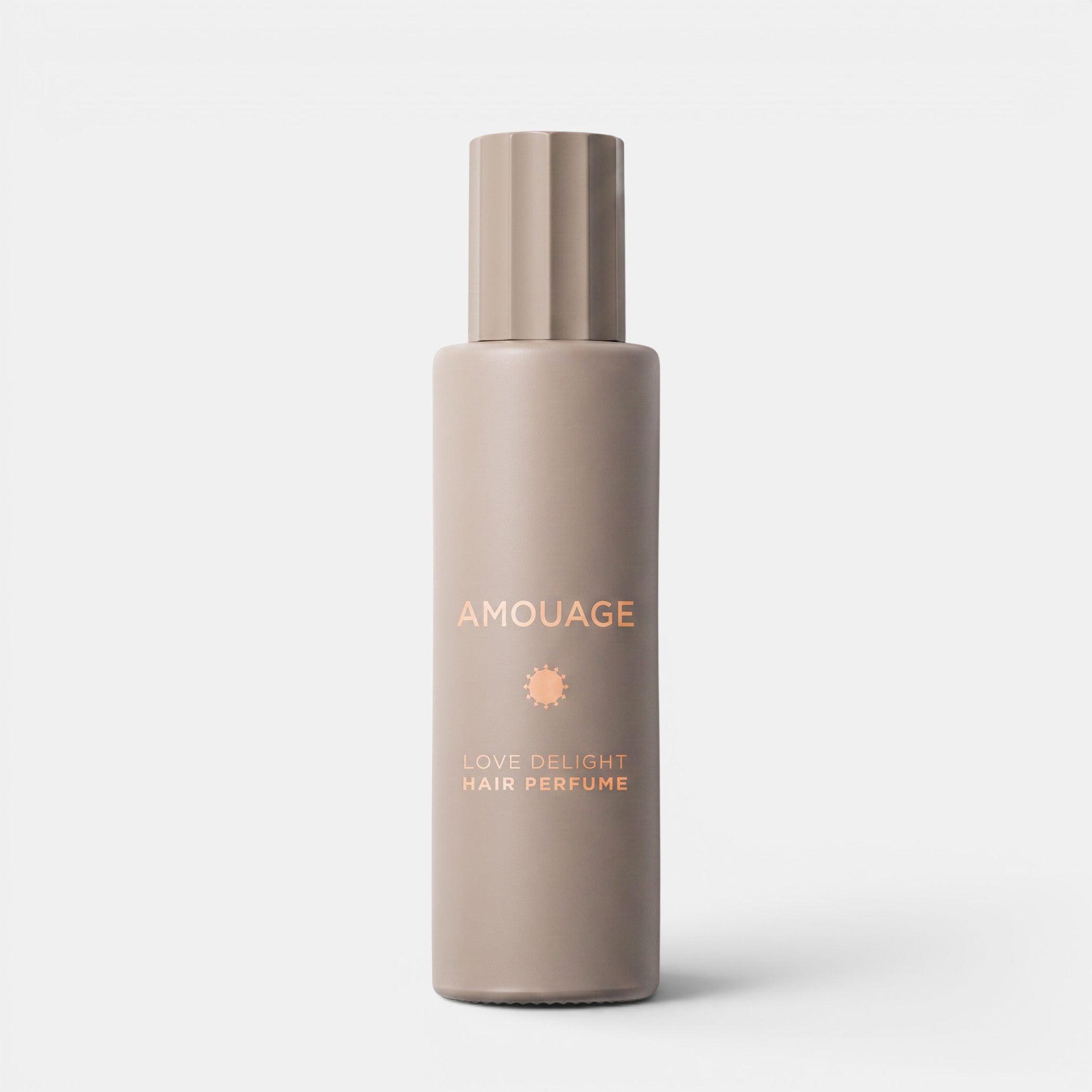 Shop Rescue Spa Amouage Love Delight hair perfume in a matte taupe bottle with a ribbed cap on a white background