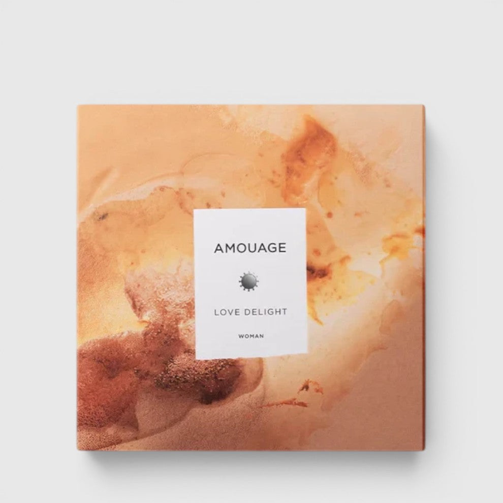Shop Rescue Spa Amouage Love Delight 100ml perfume box with abstract peach and brown watercolor design