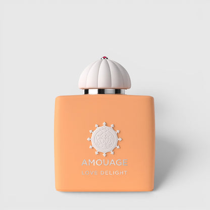 Shop Rescue Spa Amouage Love Delight 100ml perfume bottle in a soft peach matte finish with a white domed cap.