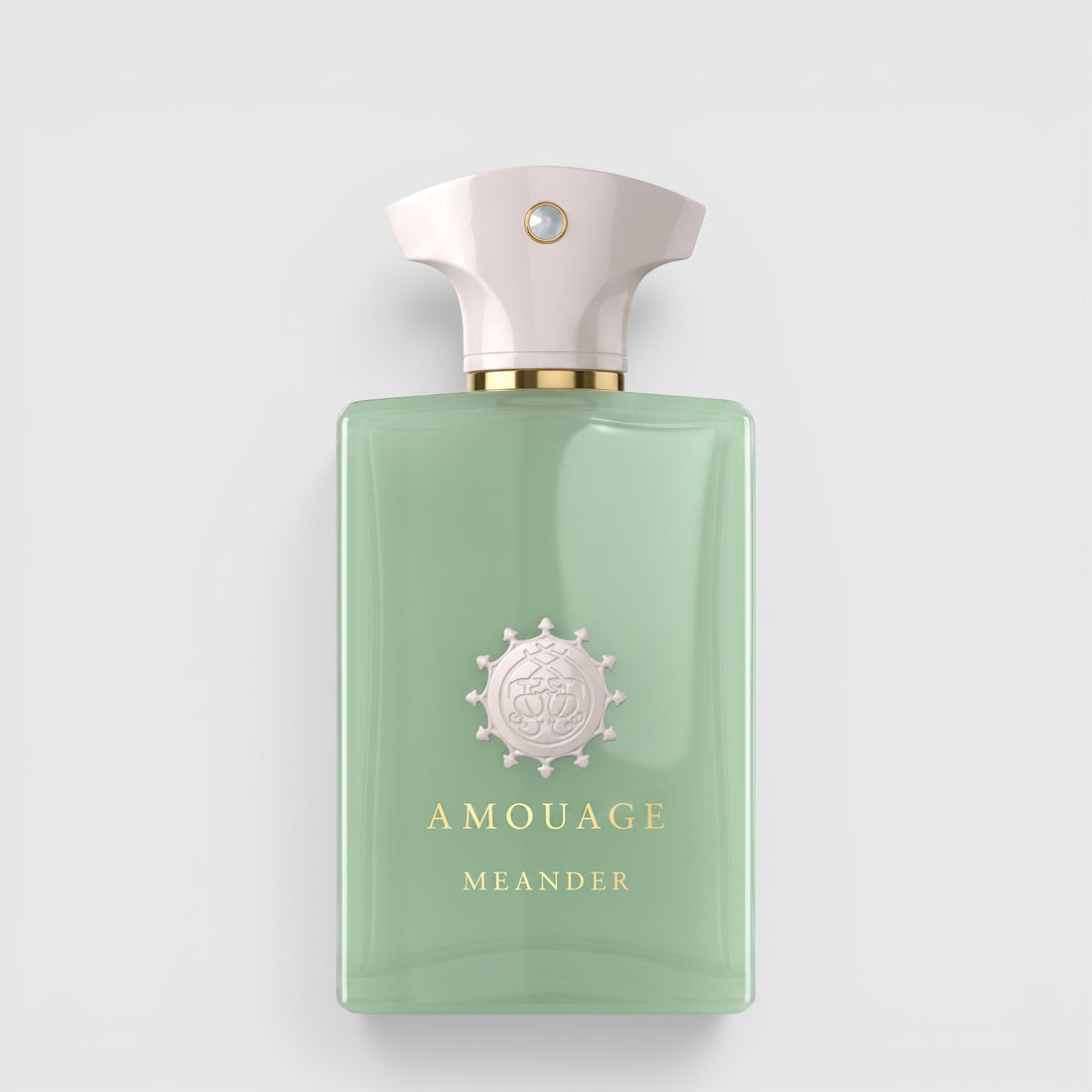 Shop Rescue Spa Amouage Meander eau de parfum in a light green glass bottle with a white cap and gold accents.
