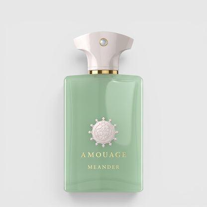Shop Rescue Spa Amouage Meander eau de parfum in a light green glass bottle with a white cap and gold accents.