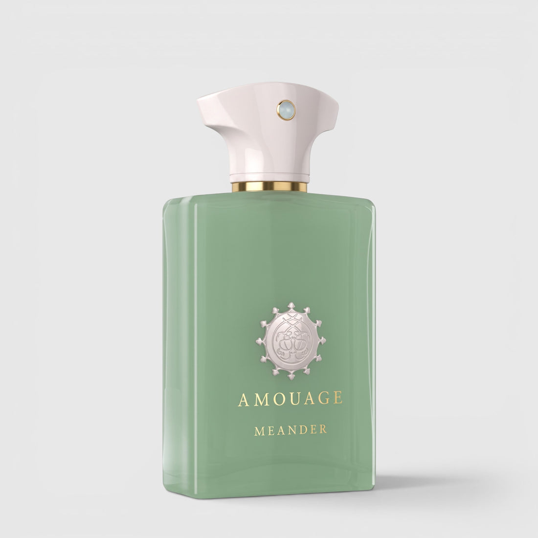 Shop Rescue Spa Amouage Meander Eau De Parfum in a sage green glass bottle with a white cap and gold accents.