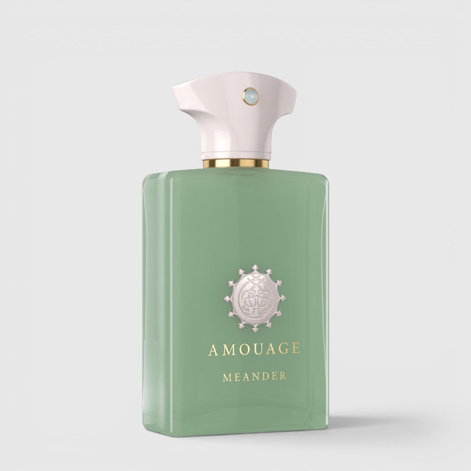 Shop Rescue Spa Amouage Meander Eau De Parfum in a sage green glass bottle with a white cap and gold accents.
