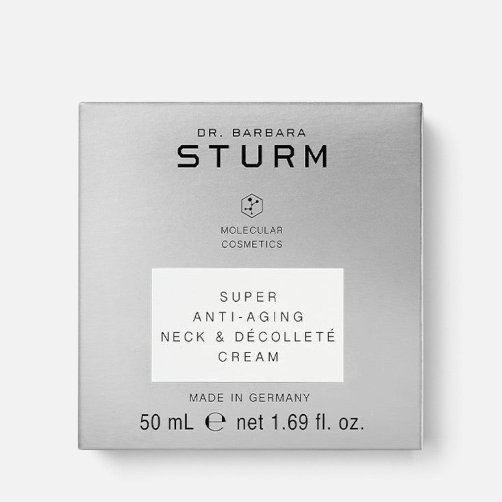 Shop Rescue Spa Dr. Barbara Sturm Super Anti-Aging Neck &amp; Décolleté Cream in a silver 50ml box