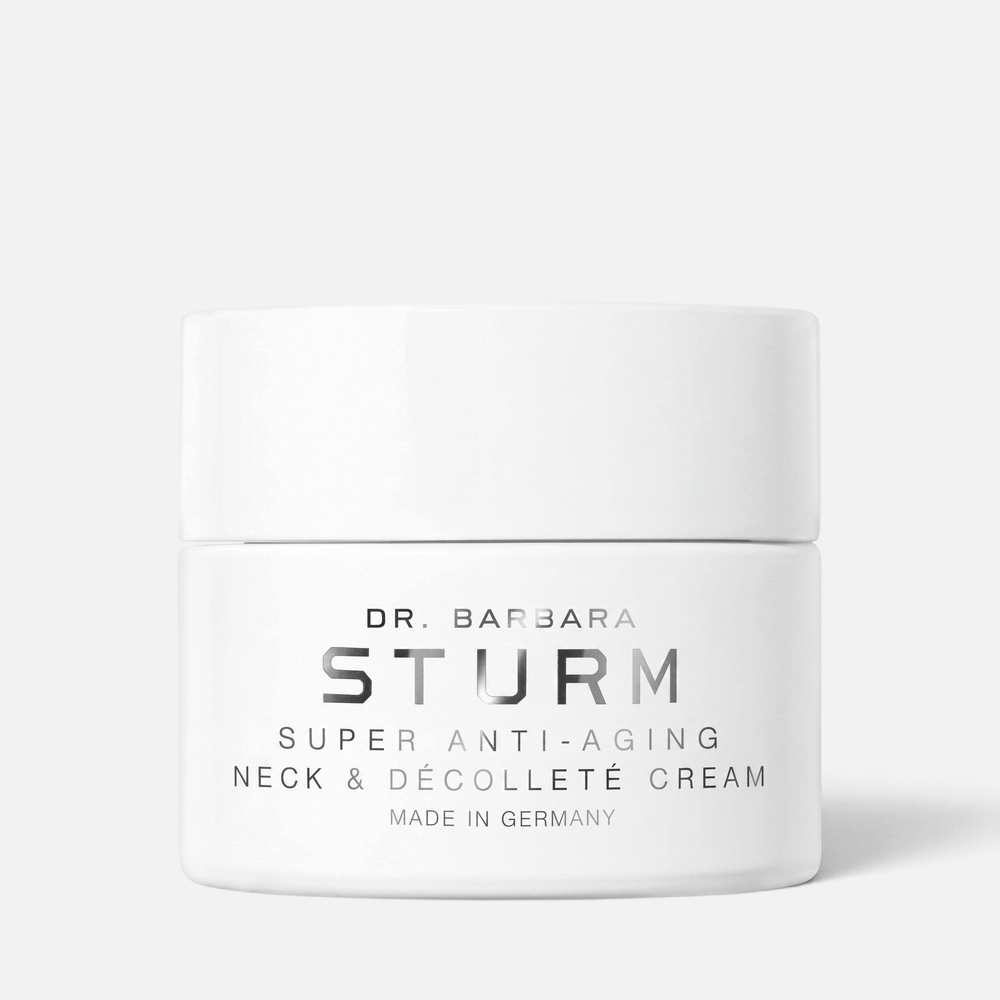 Shop Rescue Spa Dr. Barbara Sturm Super Anti-Aging Neck &amp; Décolleté Cream in a white 50ml jar.