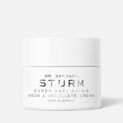Shop Rescue Spa Dr. Barbara Sturm Super Anti-Aging Neck &amp; Décolleté Cream in a white 50ml jar.