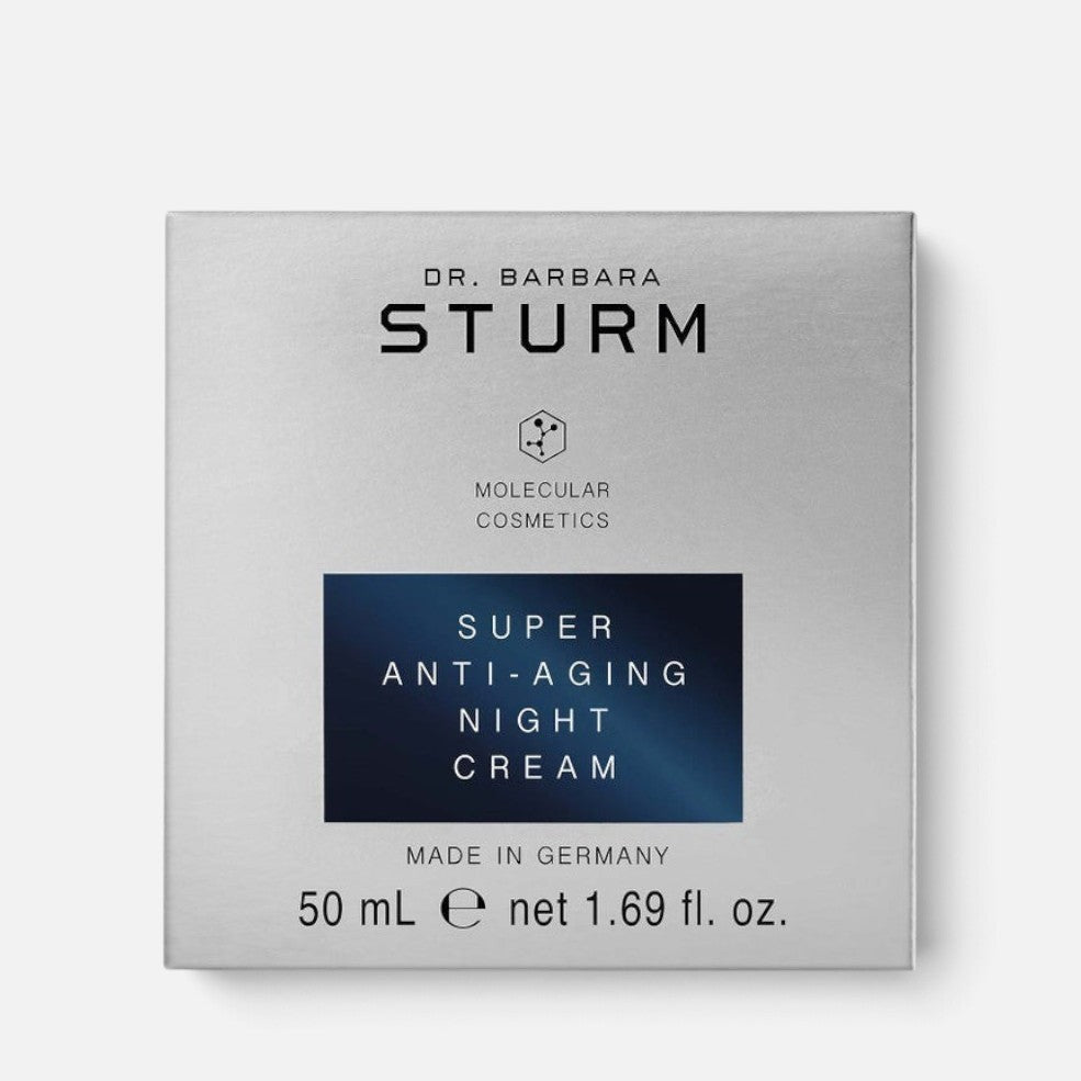 Shop Rescue Spa Dr. Barbara Sturm Super Anti-Aging Night Cream in a silver box with dark blue label