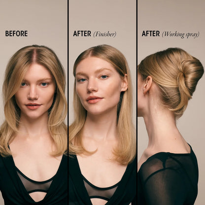 Shop Rescue Spa Impermeable Anti-Humidity Spray shown on a blonde model before and after styling for frizz control