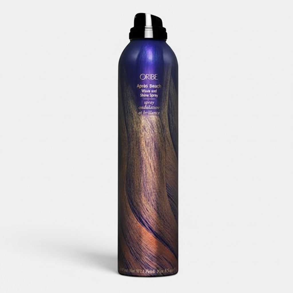 Shop Rescue Spa Oribe Apres Beach Wave and Shine Spray bottle with purple and gold design, creates tousled waves and shine.