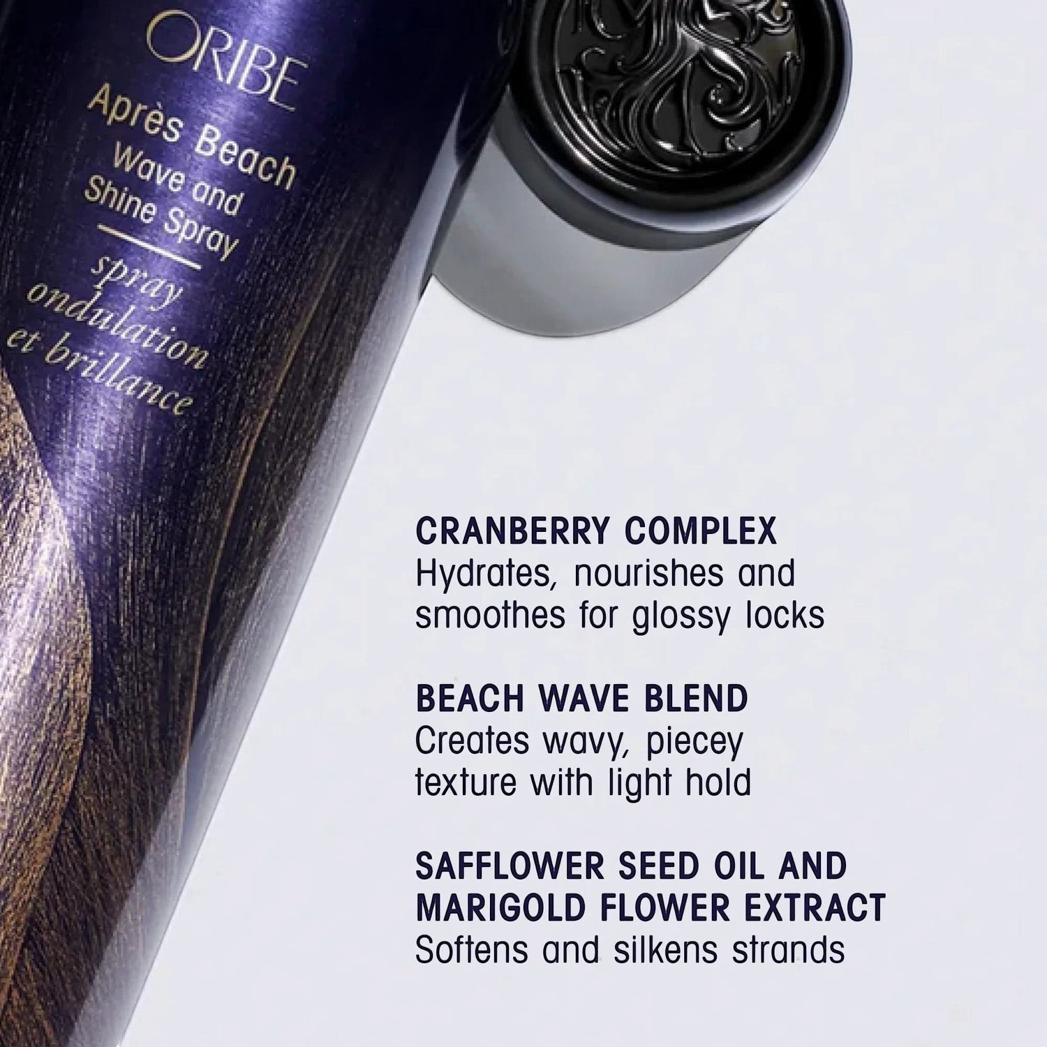 Shop Rescue Spa ORIBE Apres Beach Wave and Shine Spray bottle with text detailing cranberry complex, beach wave blend, and safflower seed oil.