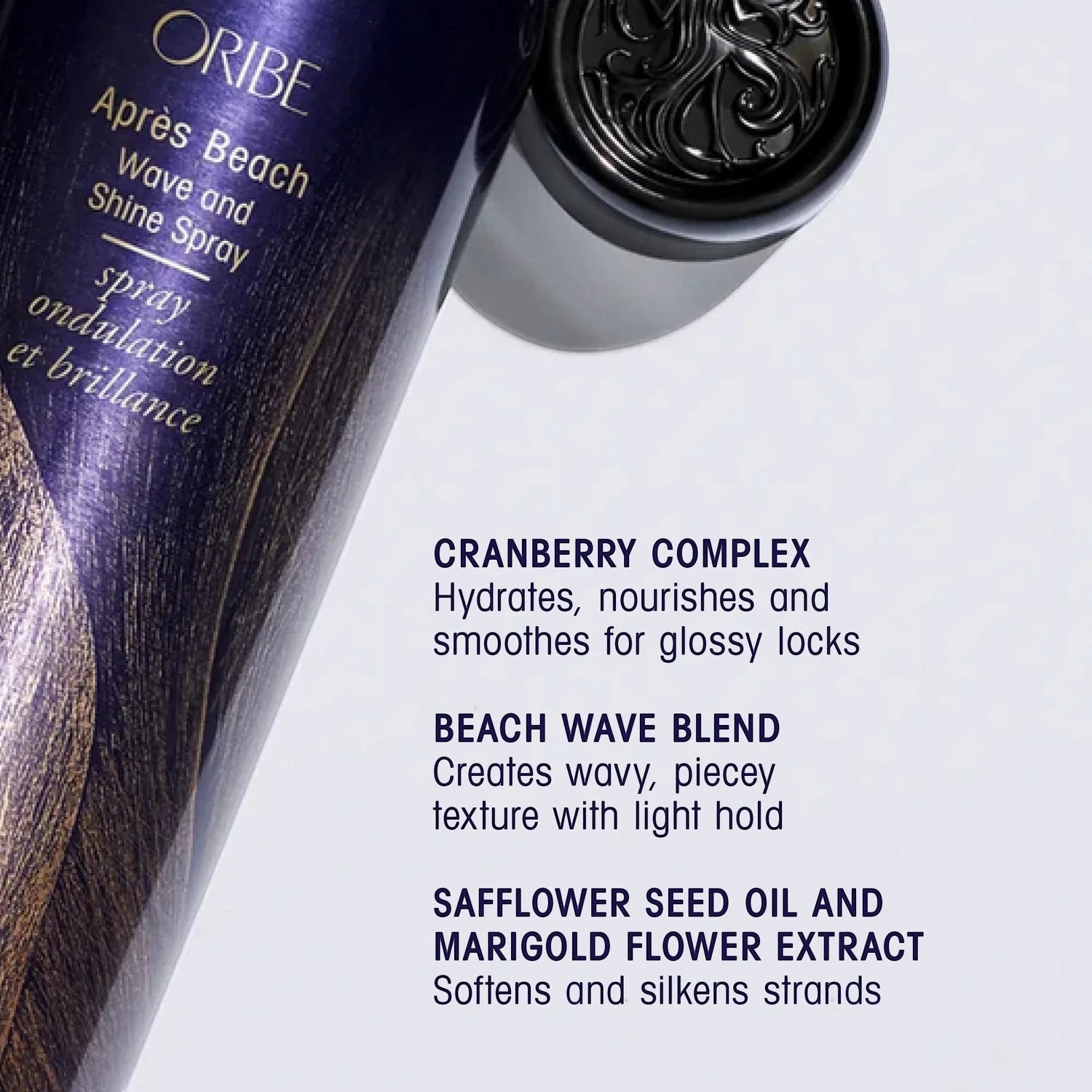 Shop Rescue Spa ORIBE Apres Beach Wave and Shine Spray bottle with text detailing cranberry complex, beach wave blend, and safflower seed oil.