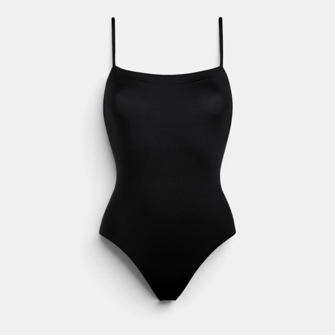 Shop Rescue Spa AQUARELLE black one-piece tank swimsuit with thin straps and a straight back design.