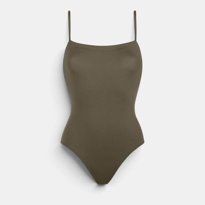 Shop Rescue Spa AQUARELLE olive green one-piece tank swimsuit with thin straps and a straight back design.