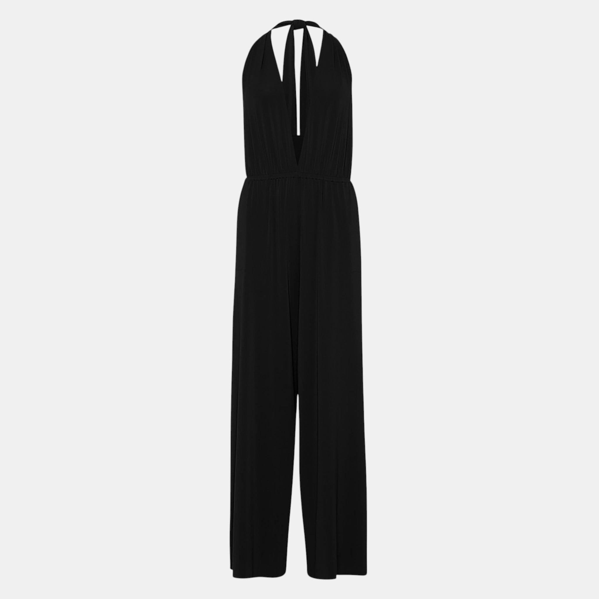 Shop Rescue Spa Arjuna black loose jumpsuit with a deep V neckline, backless design, and wraparound halter tie.
