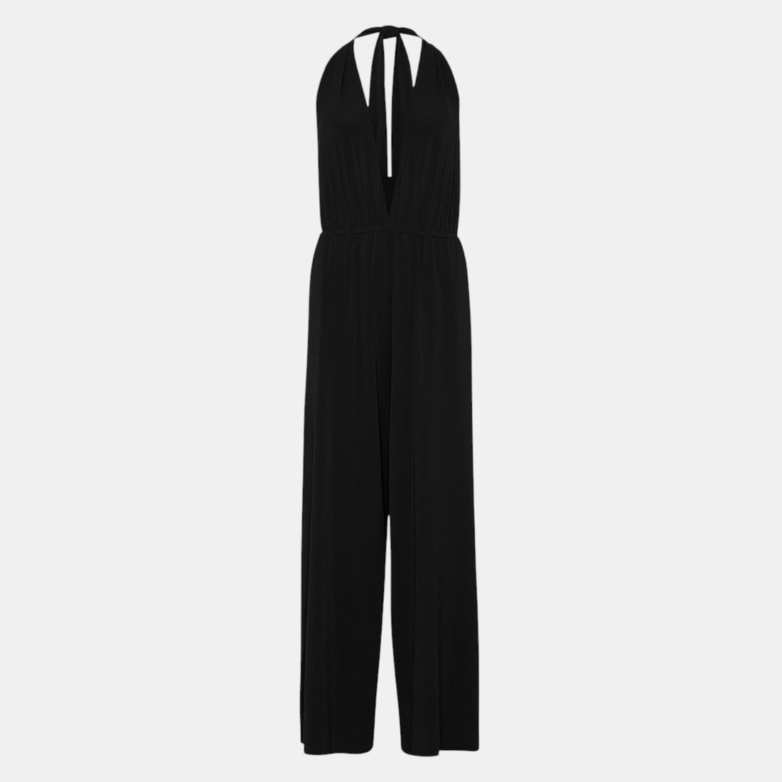 Shop Rescue Spa Arjuna black loose jumpsuit featuring a deep V neckline, backless design, and wraparound halter tie.