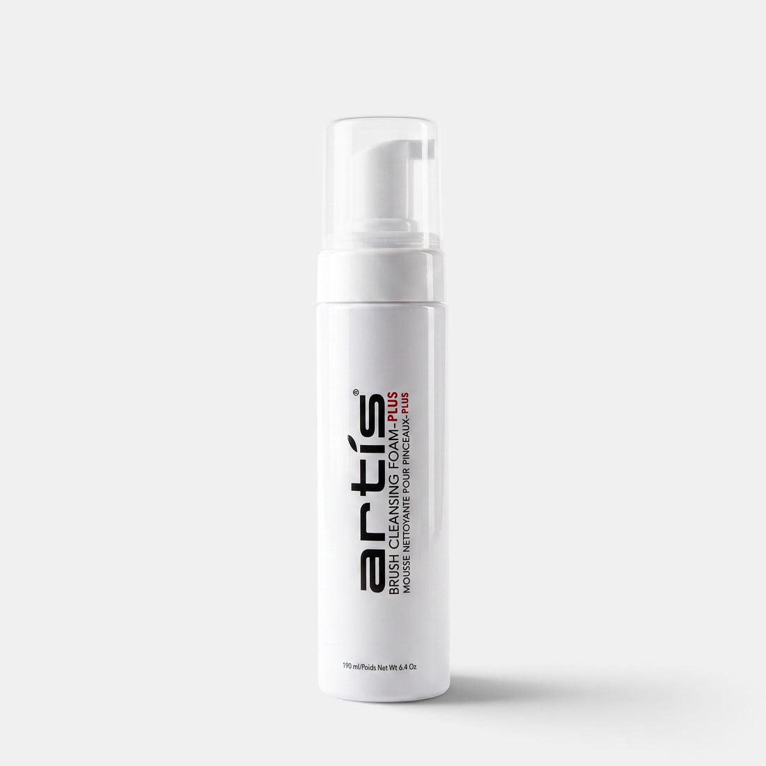 Artis Brush Cleansing Foam-Plus in a white 190ml pump bottle for cleaning makeup brushes.