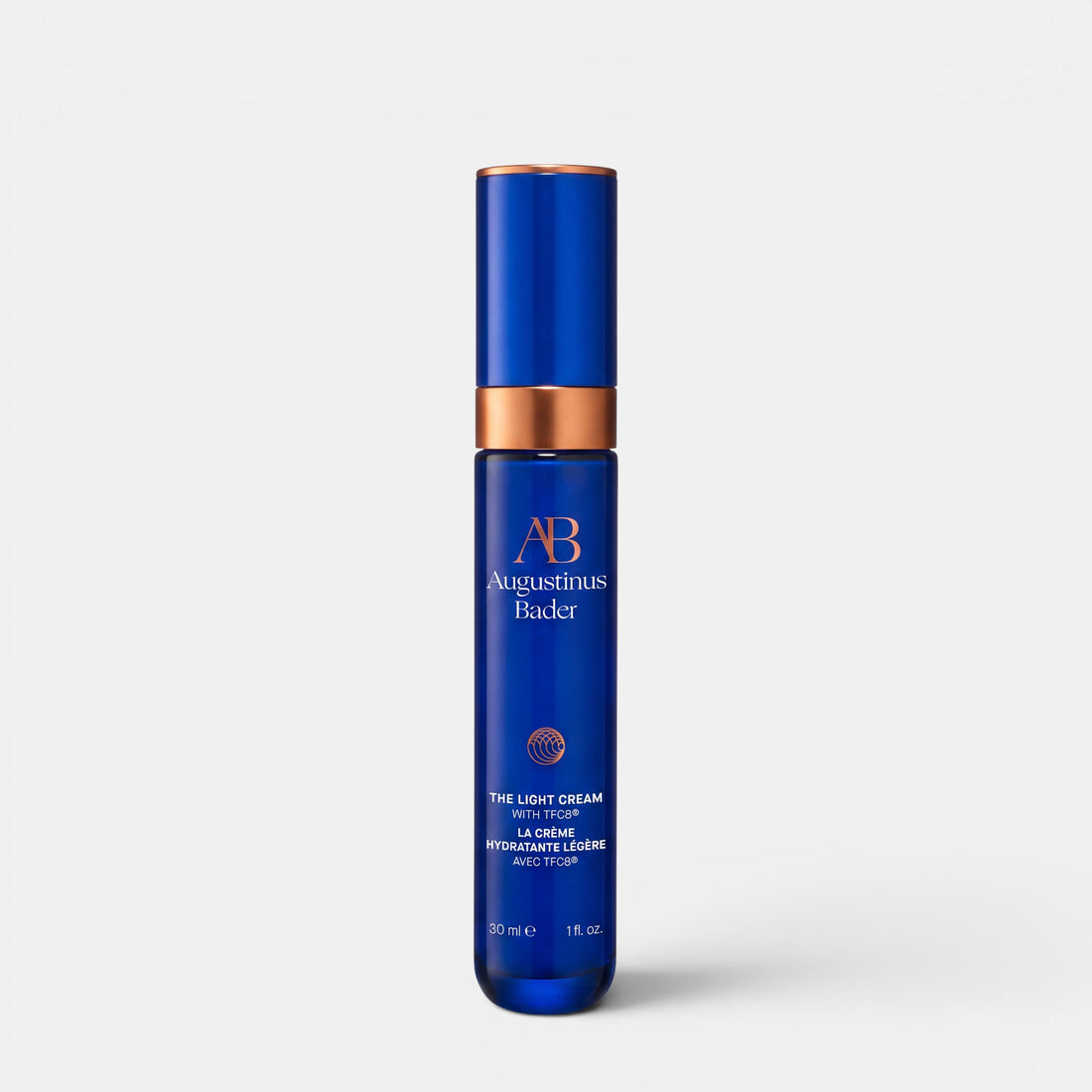 Shop Rescue Spa Augustinus Bader The Light Cream 30ml in a sleek blue bottle with copper accents for matte hydration.