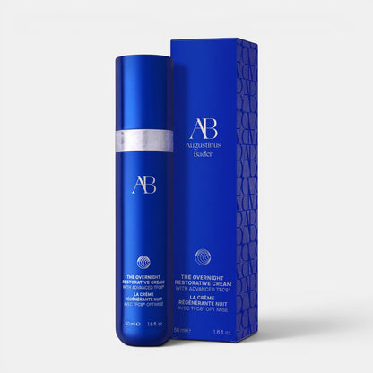 Shop Rescue Spa Augustinus Bader The Overnight Restorative Cream in a blue pump bottle with matching product box.