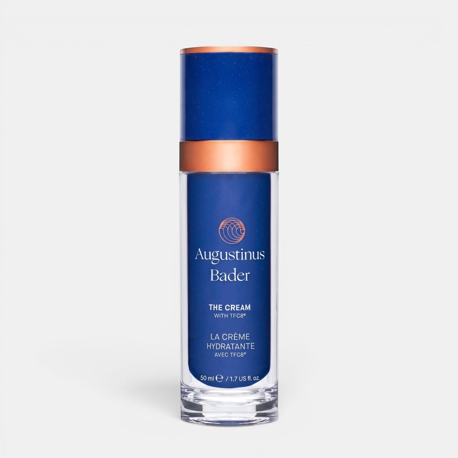 Shop Rescue Spa Augustinus Bader The Cream moisturizer in a blue 50ml pump bottle with copper accents.