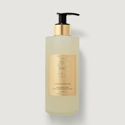 Shop Rescue Spa Aventus For Her Hand &amp; Body Wash in a frosted glass bottle with a gold pump and elegant label.