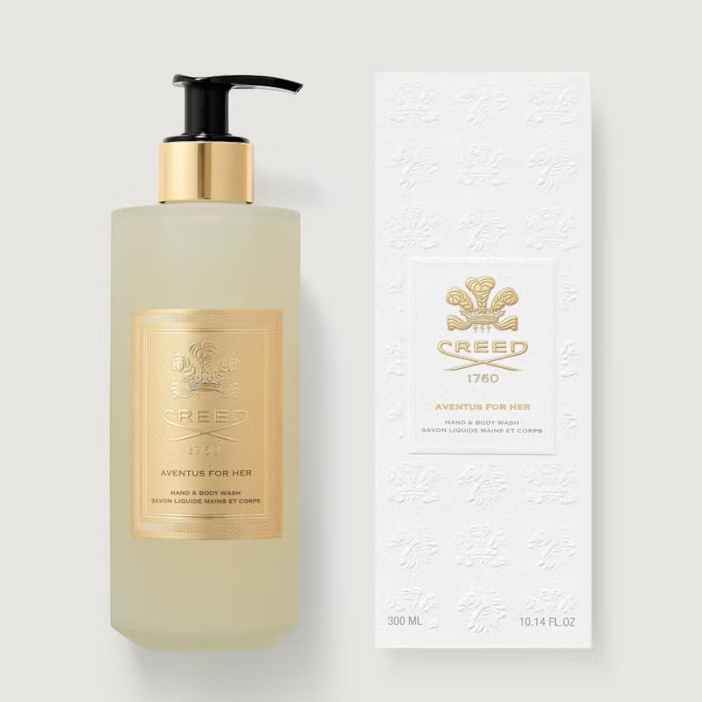 Shop Rescue Spa Aventus For Her hand and body wash in a frosted glass bottle with gold label and matching white box.