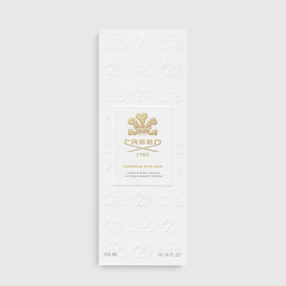 Shop Rescue Spa Aventus For Her Hand &amp; Body Lotion in a white embossed box with gold Creed branding.